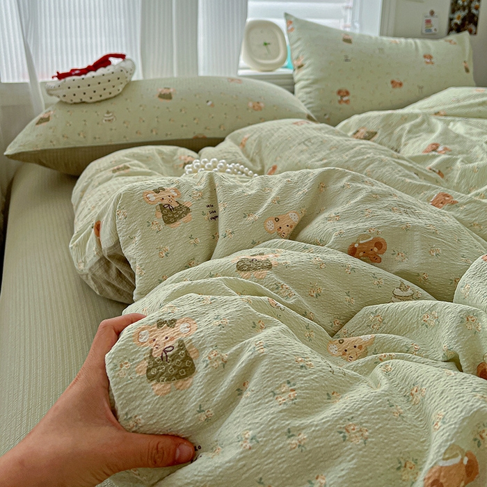 91家纺网 家纺一手货源 找家纺 一比一 2026新款云感皱皱双层纱四件套-简单款 花田小象-绿