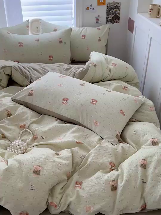 91家纺网 家纺一手货源 找家纺 一比一 2026新款云感皱皱双层纱四件套-简单款 花田小象-绿