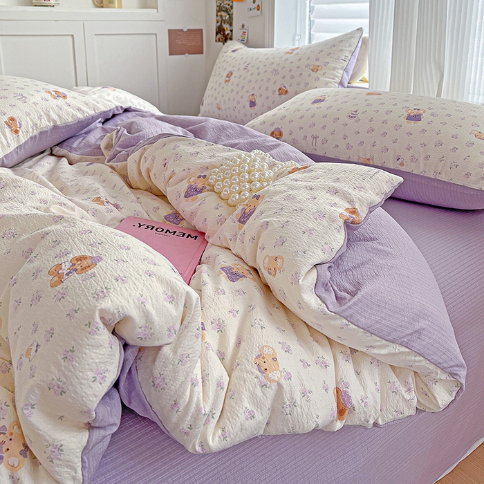 91家纺网 家纺一手货源 找家纺 一比一 2026新款云感皱皱双层纱四件套-简单款 花田小象-紫