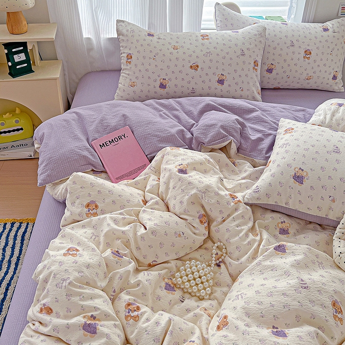 91家纺网 家纺一手货源 找家纺 一比一 2026新款云感皱皱双层纱四件套-简单款 花田小象-紫