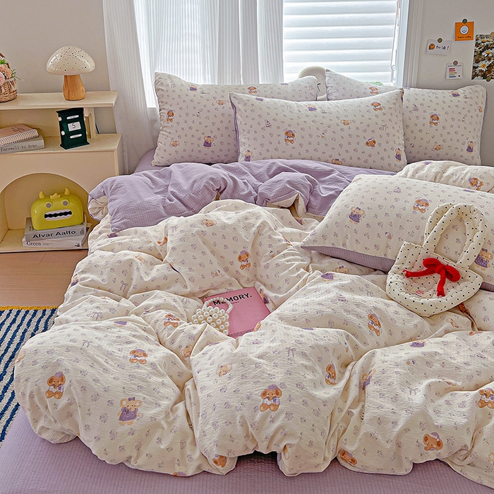 91家纺网 家纺一手货源 找家纺 一比一 2026新款云感皱皱双层纱四件套-简单款 花田小象-紫