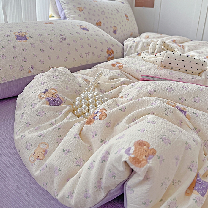 91家纺网 家纺一手货源 找家纺 一比一 2026新款云感皱皱双层纱四件套-简单款 花田小象-紫