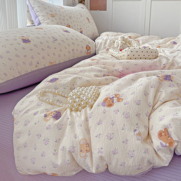 91家纺网 家纺一手货源 找家纺 一比一 2026新款云感皱皱双层纱四件套-简单款 花田小象-紫