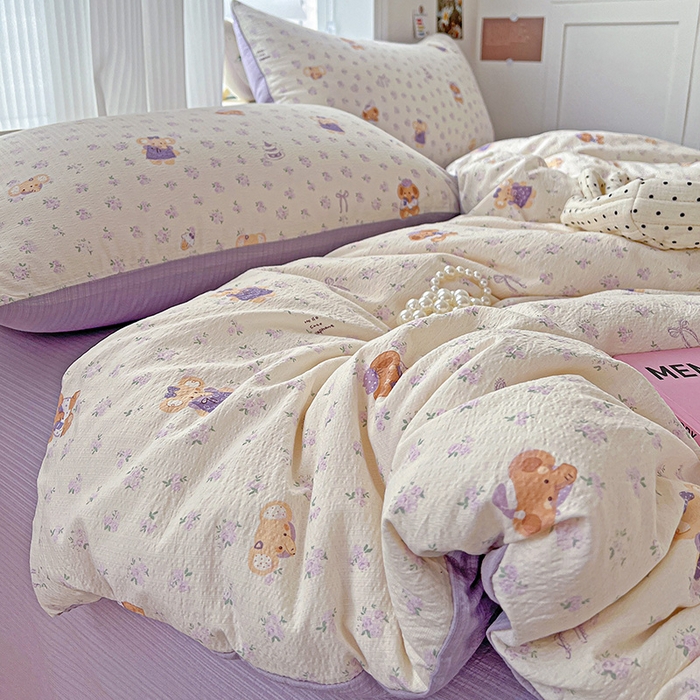 91家纺网 家纺一手货源 找家纺 一比一 2026新款云感皱皱双层纱四件套-简单款 花田小象-紫