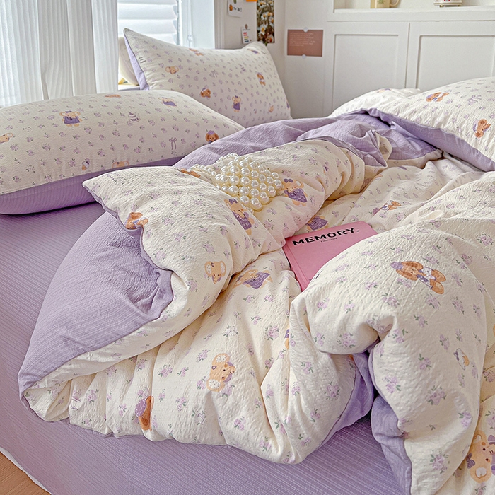 91家纺网 家纺一手货源 找家纺 一比一 2026新款云感皱皱双层纱四件套-简单款 花田小象-紫