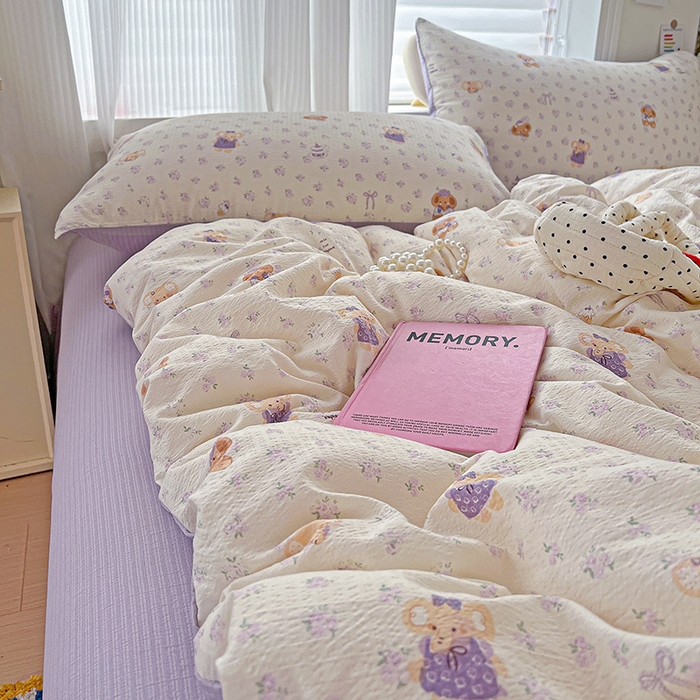 91家纺网 家纺一手货源 找家纺 一比一 2026新款云感皱皱双层纱四件套-简单款 花田小象-紫