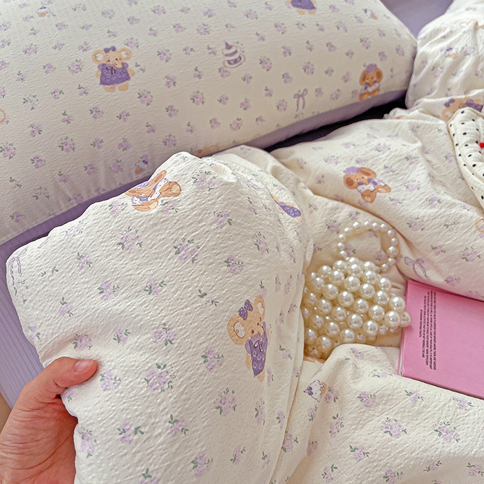 91家纺网 家纺一手货源 找家纺 一比一 2026新款云感皱皱双层纱四件套-简单款 花田小象-紫