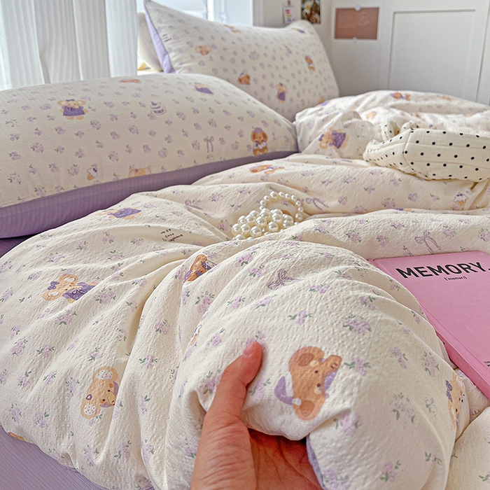 91家纺网 家纺一手货源 找家纺 一比一 2026新款云感皱皱双层纱四件套-简单款 花田小象-紫