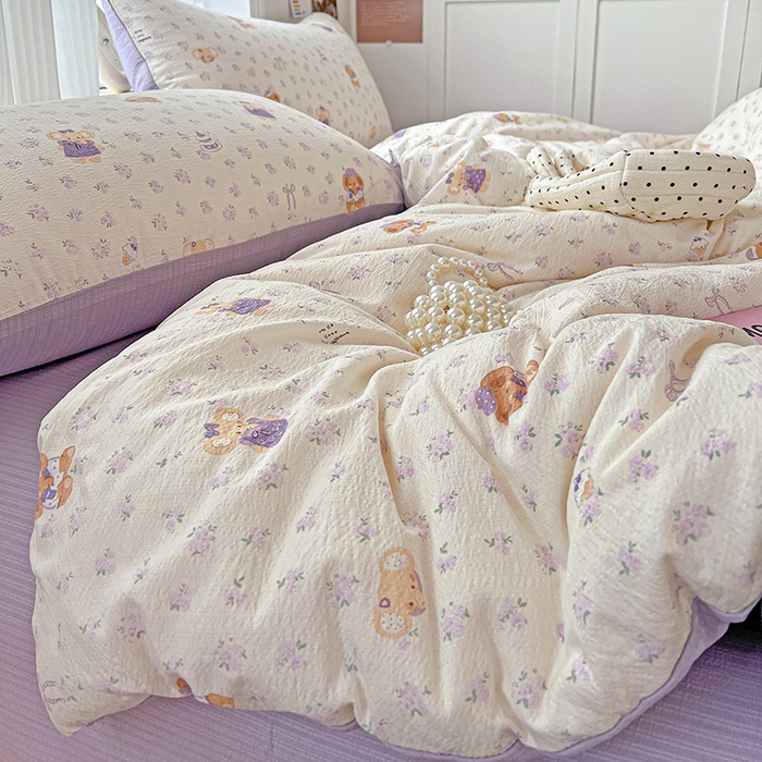 91家纺网 家纺一手货源 找家纺 一比一 2026新款云感皱皱双层纱四件套-简单款 花田小象-紫