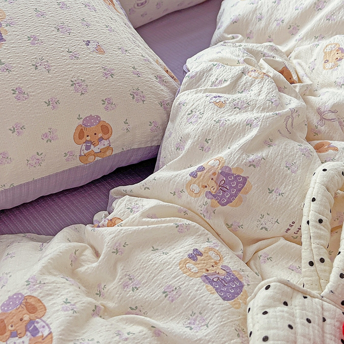 91家纺网 家纺一手货源 找家纺 一比一 2026新款云感皱皱双层纱四件套-简单款 花田小象-紫