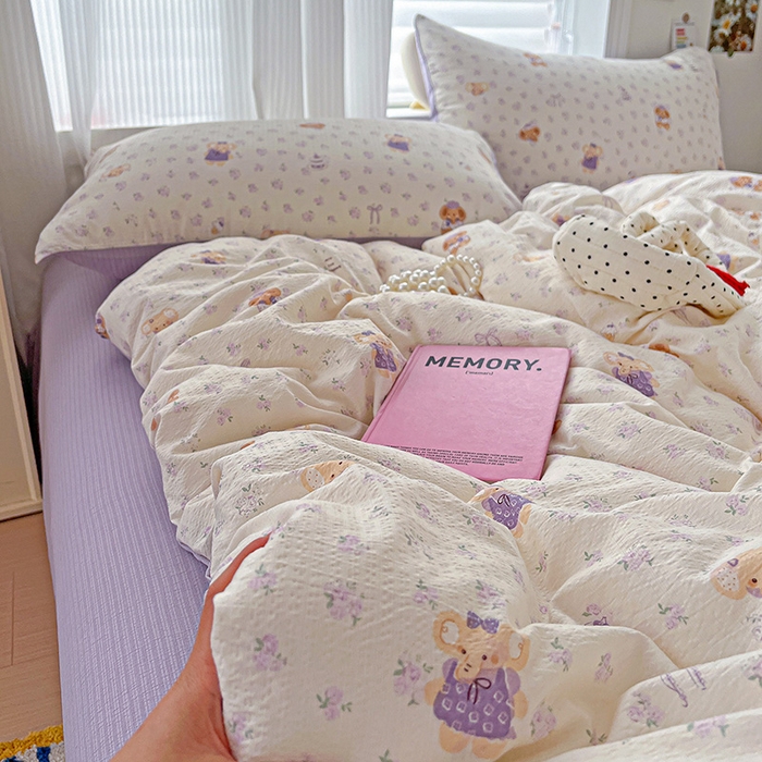 91家纺网 家纺一手货源 找家纺 一比一 2026新款云感皱皱双层纱四件套-简单款 花田小象-紫