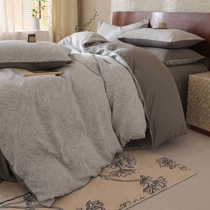 91家纺网 家纺一手货源 找家纺 眠博士 2025新款60s长绒棉纯棉提花磨毛四件套 提花磨毛套件-缤纷灰