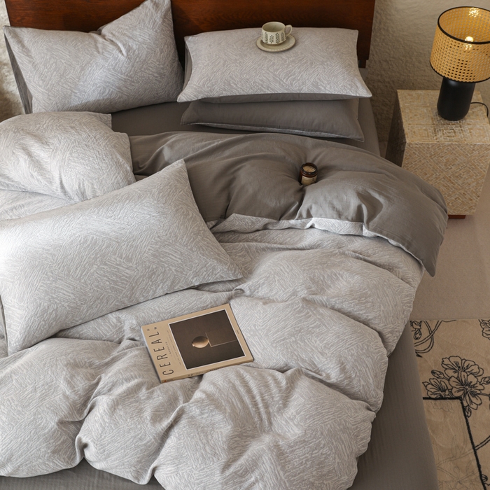 91家纺网 家纺一手货源 找家纺 眠博士 2025新款60s长绒棉纯棉提花磨毛四件套 提花磨毛套件-缤纷灰