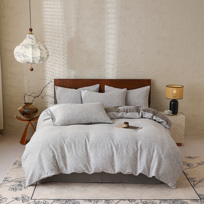 91家纺网 家纺一手货源 找家纺 眠博士 2025新款60s长绒棉纯棉提花磨毛四件套 提花磨毛套件-缤纷灰