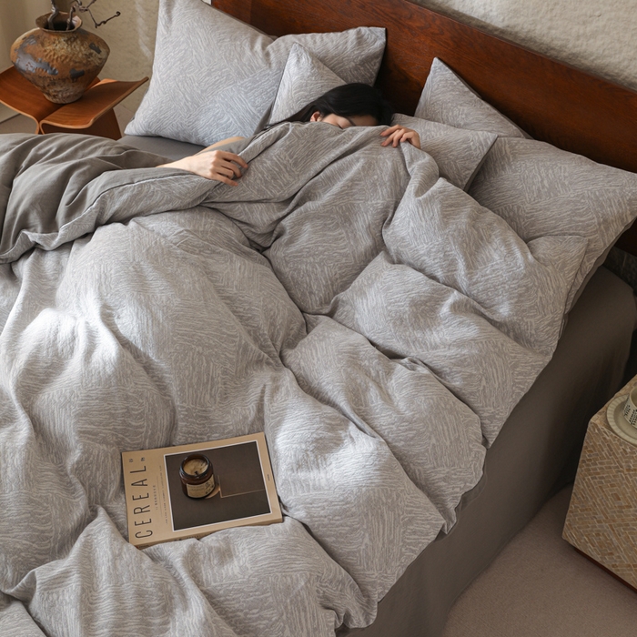 91家纺网 家纺一手货源 找家纺 眠博士 2025新款60s长绒棉纯棉提花磨毛四件套 提花磨毛套件-缤纷灰