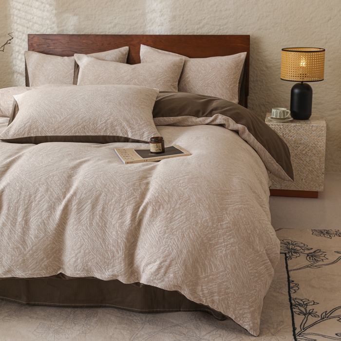 91家纺网 家纺一手货源 找家纺 眠博士 2025新款60s长绒棉纯棉提花磨毛四件套 提花磨毛套件-缤纷咖