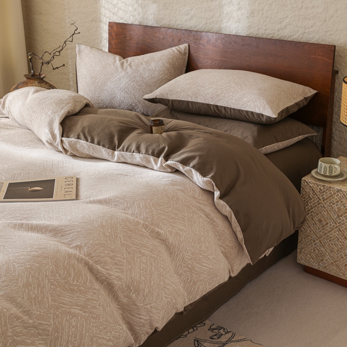 91家纺网 家纺一手货源 找家纺 眠博士 2025新款60s长绒棉纯棉提花磨毛四件套 提花磨毛套件-缤纷咖