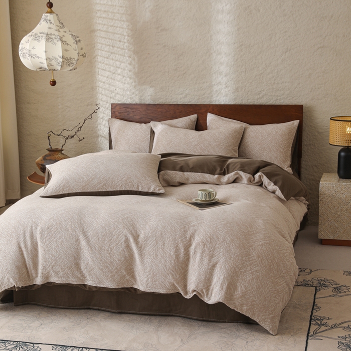 91家纺网 家纺一手货源 找家纺 眠博士 2025新款60s长绒棉纯棉提花磨毛四件套 提花磨毛套件-缤纷咖