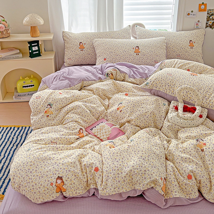 91家纺网 家纺一手货源 找家纺 一比一 2026新款云感皱皱双层纱四件套-简单款 花影女孩