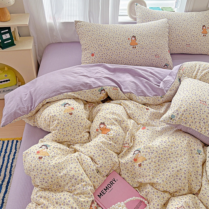 91家纺网 家纺一手货源 找家纺 一比一 2026新款云感皱皱双层纱四件套-简单款 花影女孩