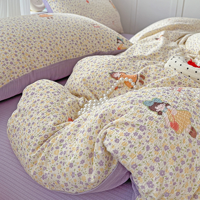 91家纺网 家纺一手货源 找家纺 一比一 2026新款云感皱皱双层纱四件套-简单款 花影女孩