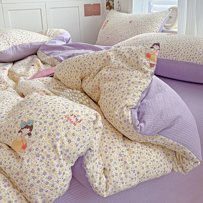 91家纺网 家纺一手货源 找家纺 一比一 2026新款云感皱皱双层纱四件套-简单款 花影女孩