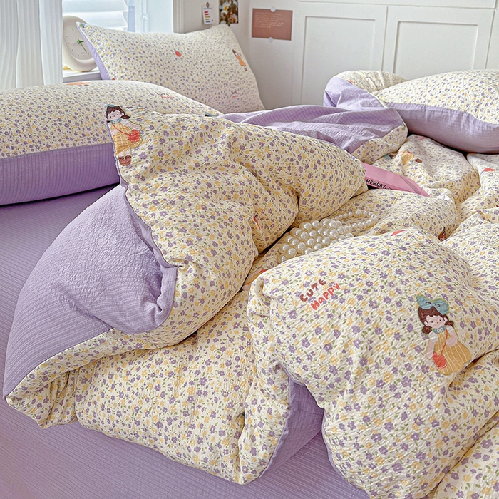 91家纺网 家纺一手货源 找家纺 一比一 2026新款云感皱皱双层纱四件套-简单款 花影女孩