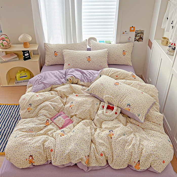 91家纺网 家纺一手货源 找家纺 一比一 2026新款云感皱皱双层纱四件套-简单款 花影女孩