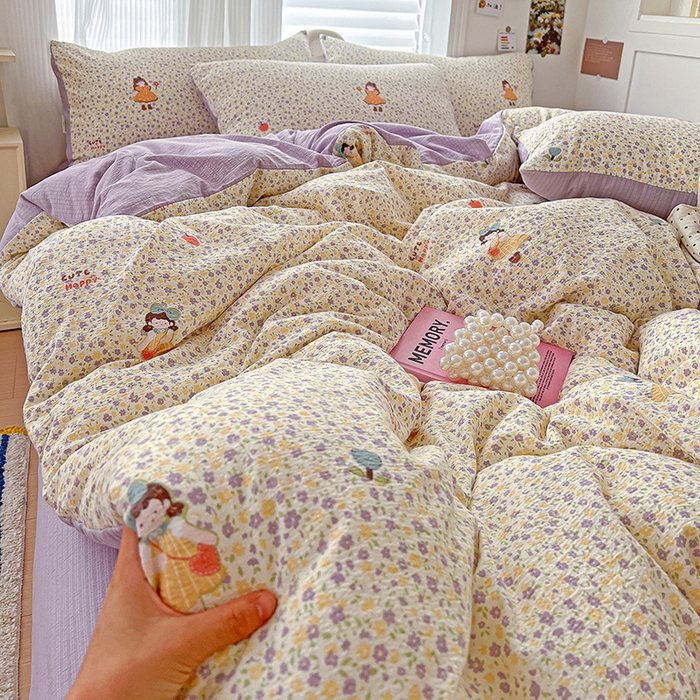 91家纺网 家纺一手货源 找家纺 一比一 2026新款云感皱皱双层纱四件套-简单款 花影女孩