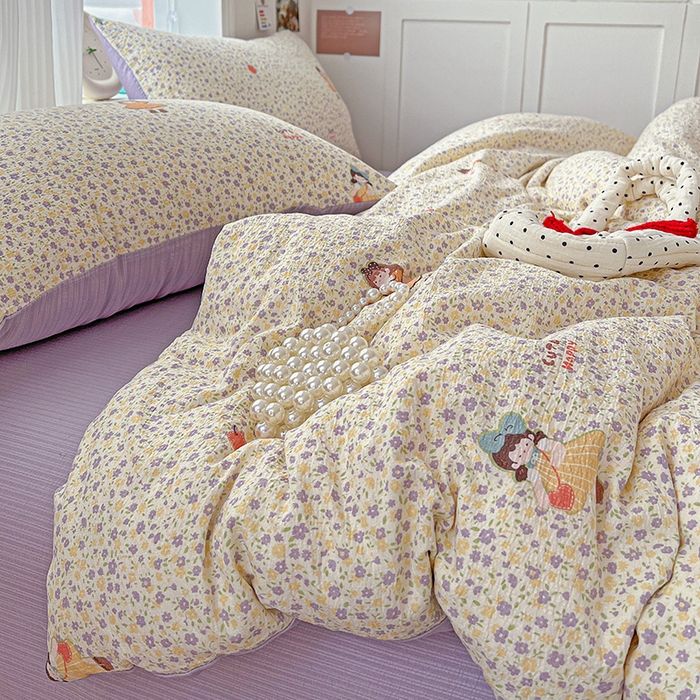 91家纺网 家纺一手货源 找家纺 一比一 2026新款云感皱皱双层纱四件套-简单款 花影女孩