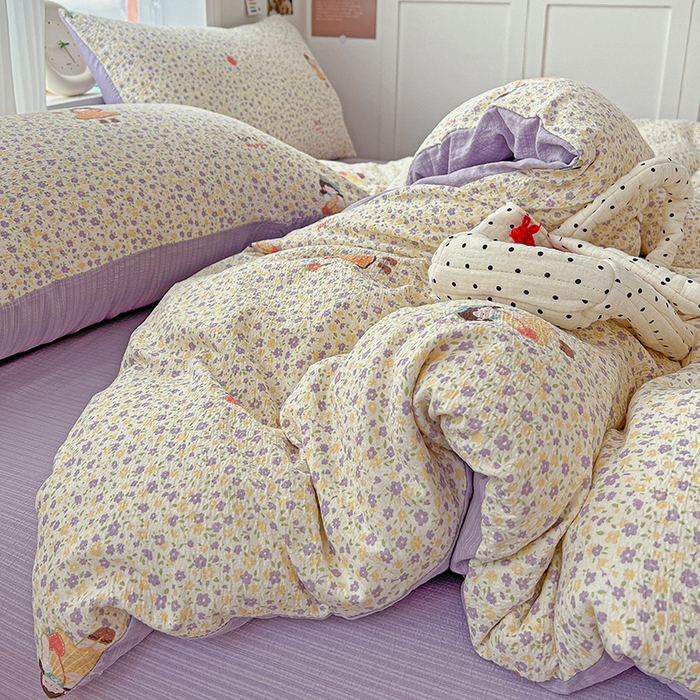 91家纺网 家纺一手货源 找家纺 一比一 2026新款云感皱皱双层纱四件套-简单款 花影女孩