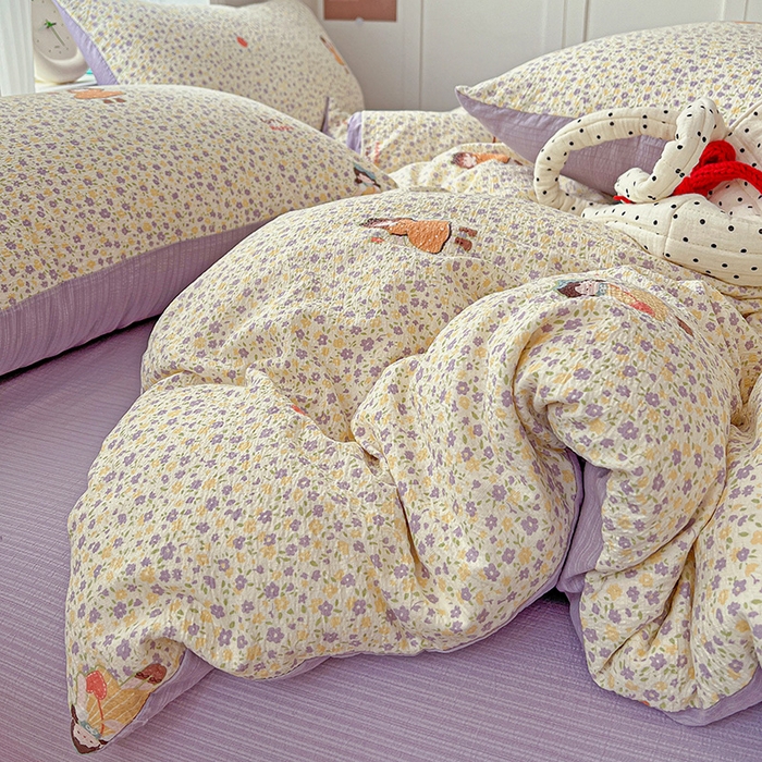 91家纺网 家纺一手货源 找家纺 一比一 2026新款云感皱皱双层纱四件套-简单款 花影女孩