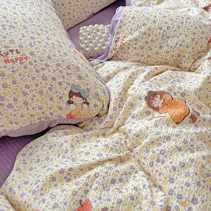 91家纺网 家纺一手货源 找家纺 一比一 2026新款云感皱皱双层纱四件套-简单款 花影女孩