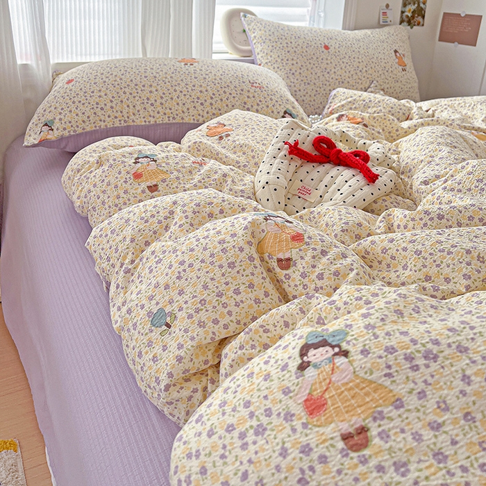 91家纺网 家纺一手货源 找家纺 一比一 2026新款云感皱皱双层纱四件套-简单款 花影女孩