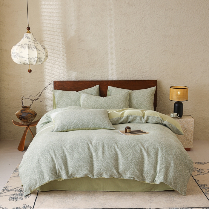 91家纺网 家纺一手货源 找家纺 眠博士 2025新款60s长绒棉纯棉提花磨毛四件套 提花磨毛套件-缤纷绿