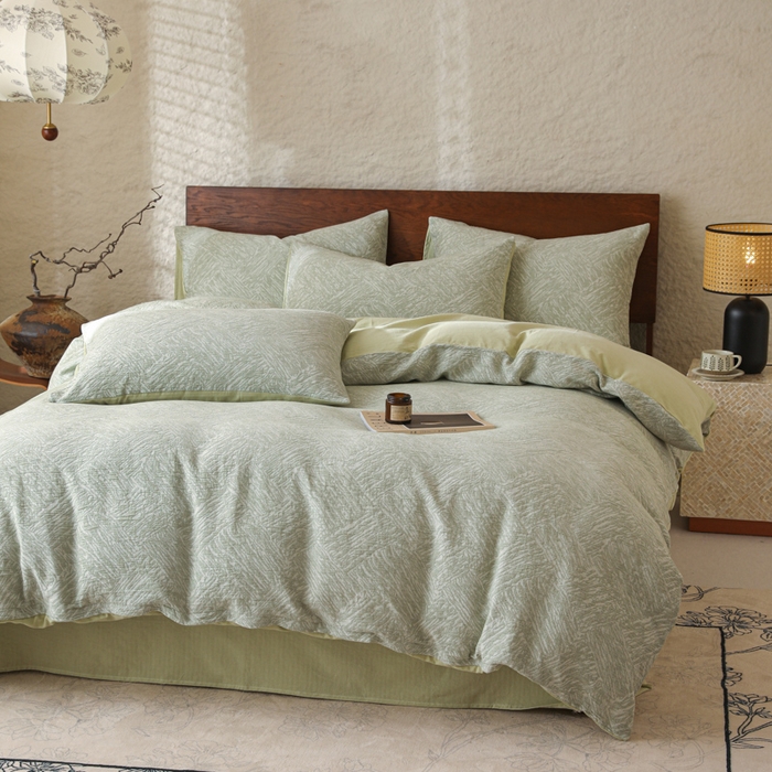 91家纺网 家纺一手货源 找家纺 眠博士 2025新款60s长绒棉纯棉提花磨毛四件套 提花磨毛套件-缤纷绿