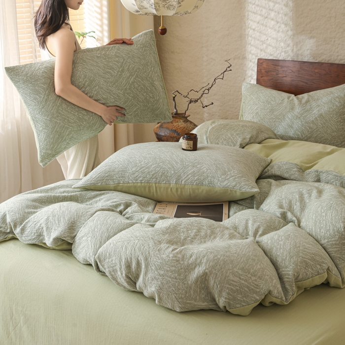 91家纺网 家纺一手货源 找家纺 眠博士 2025新款60s长绒棉纯棉提花磨毛四件套 提花磨毛套件-缤纷绿