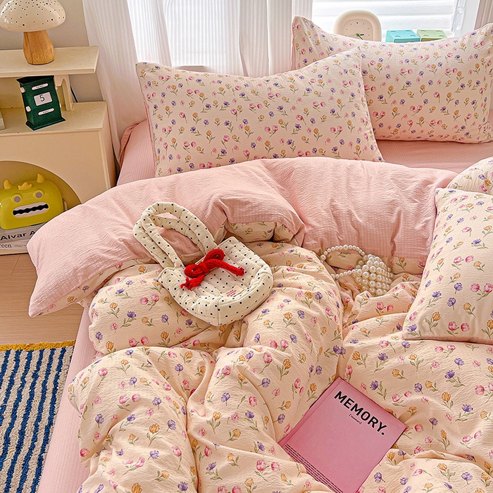 91家纺网 家纺一手货源 找家纺 一比一 2026新款云感皱皱双层纱四件套-简单款 花予