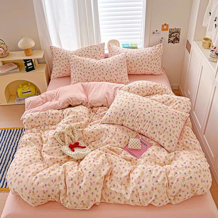 91家纺网 家纺一手货源 找家纺 一比一 2026新款云感皱皱双层纱四件套-简单款 花予