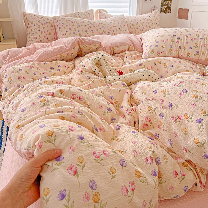 91家纺网 家纺一手货源 找家纺 一比一 2026新款云感皱皱双层纱四件套-简单款 花予