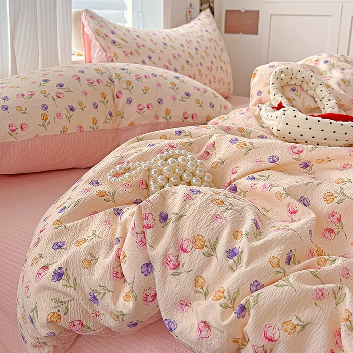 91家纺网 家纺一手货源 找家纺 一比一 2026新款云感皱皱双层纱四件套-简单款 花予