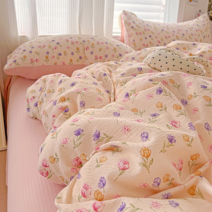 91家纺网 家纺一手货源 找家纺 一比一 2026新款云感皱皱双层纱四件套-简单款 花予