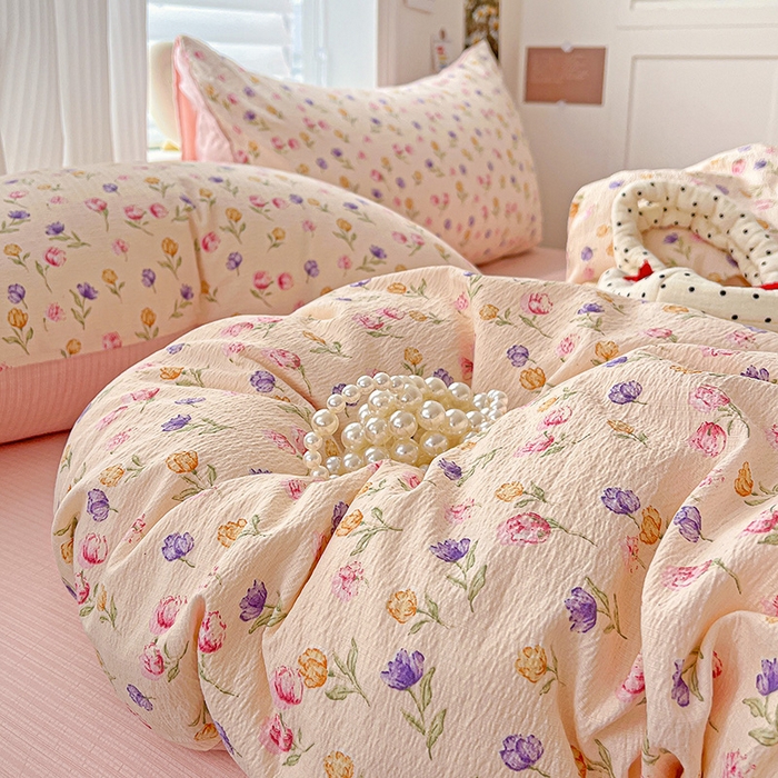 91家纺网 家纺一手货源 找家纺 一比一 2026新款云感皱皱双层纱四件套-简单款 花予