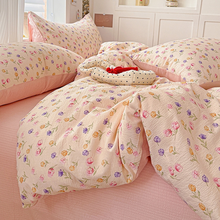 91家纺网 家纺一手货源 找家纺 一比一 2026新款云感皱皱双层纱四件套-简单款 花予