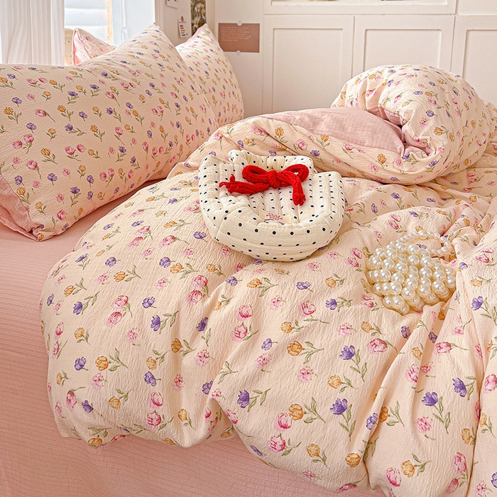 91家纺网 家纺一手货源 找家纺 一比一 2026新款云感皱皱双层纱四件套-简单款 花予