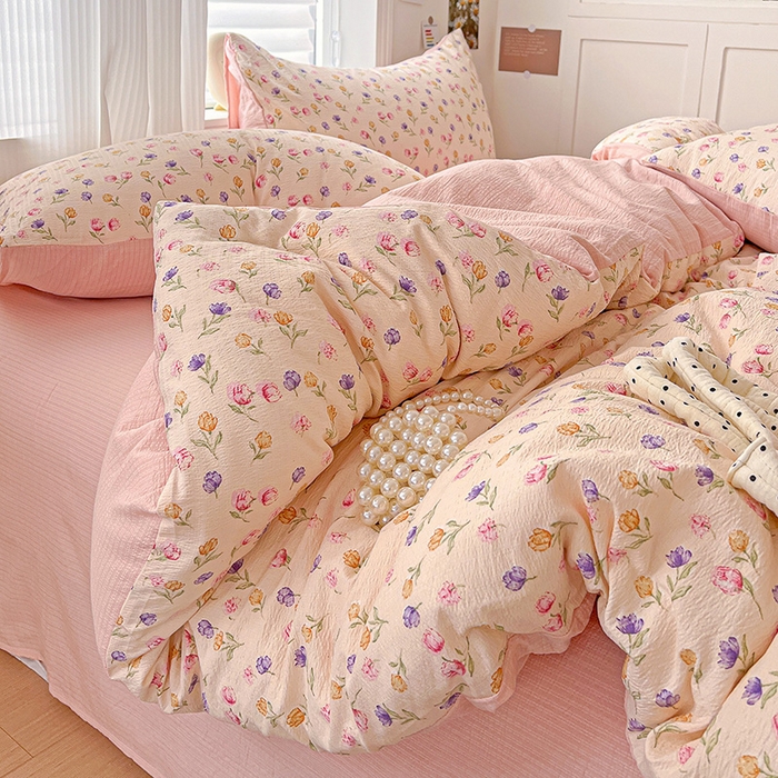 91家纺网 家纺一手货源 找家纺 一比一 2026新款云感皱皱双层纱四件套-简单款 花予