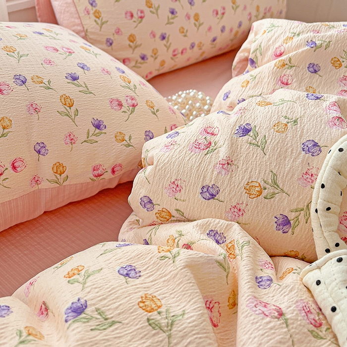 91家纺网 家纺一手货源 找家纺 一比一 2026新款云感皱皱双层纱四件套-简单款 花予