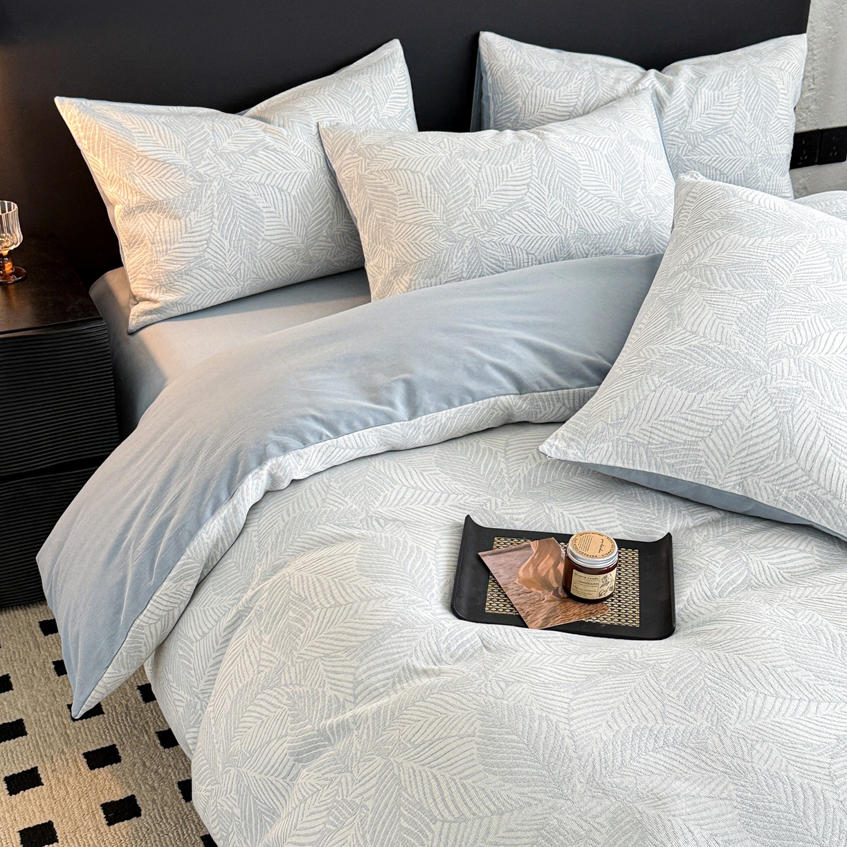 眠博士 2025新款60s长绒棉纯棉提花磨毛四件套 提花磨毛套件-枫叶蓝