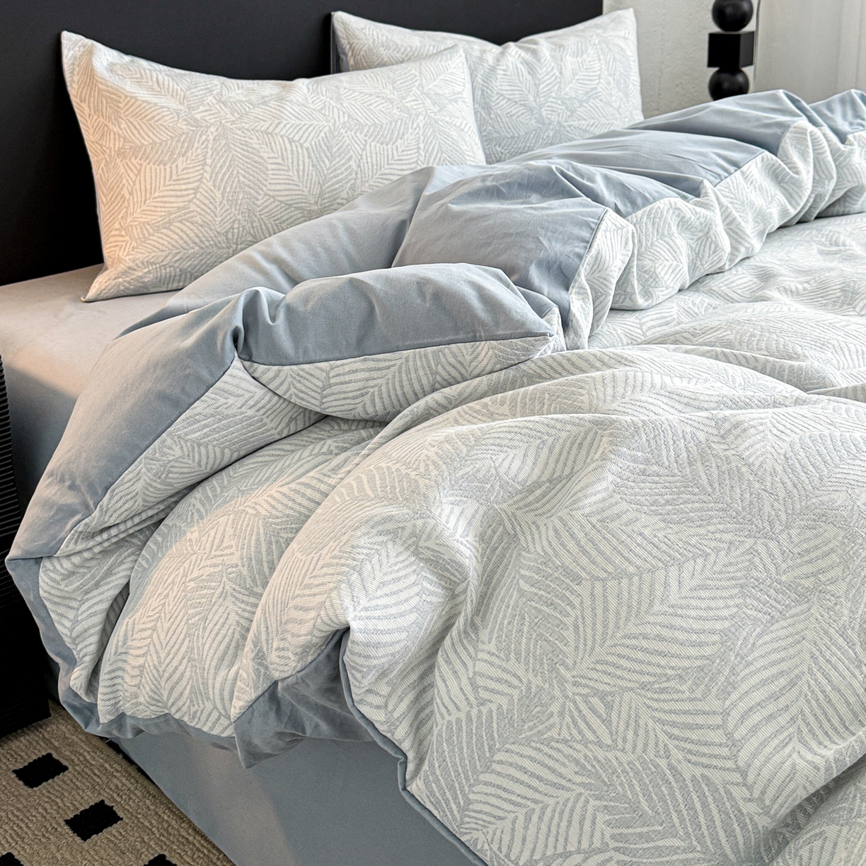 91家纺网 家纺一手货源 找家纺 眠博士 2025新款60s长绒棉纯棉提花磨毛四件套 提花磨毛套件-枫叶蓝