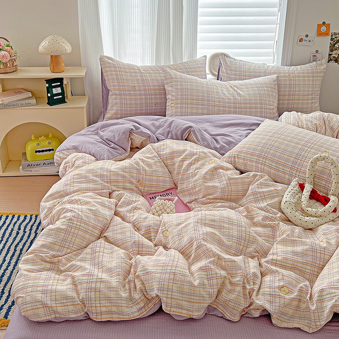 91家纺网 家纺一手货源 找家纺 一比一 2026新款云感皱皱双层纱四件套-简单款 简至